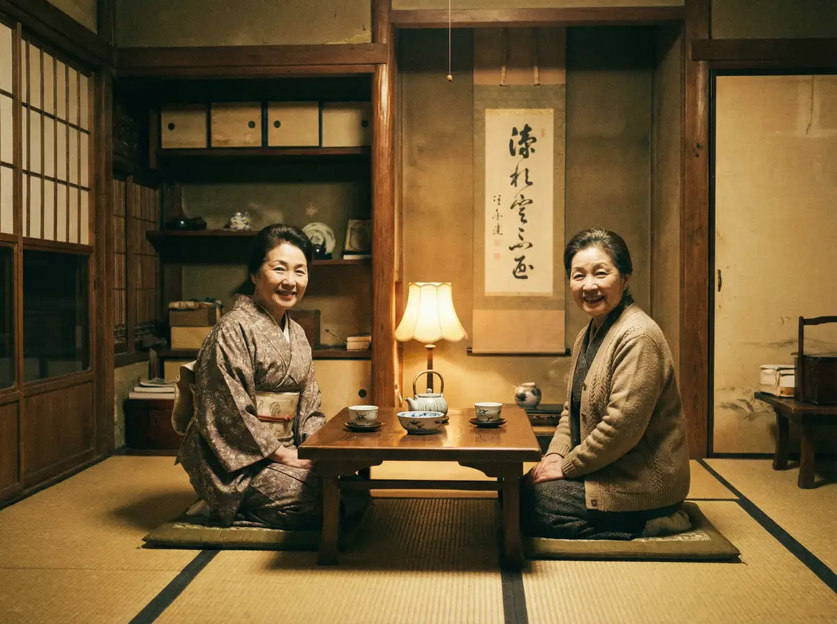 两位优雅的 鸿博体育版app 在日式茶室中品茶交谈